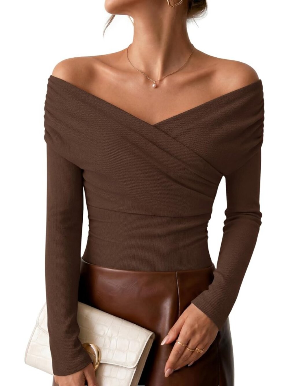 Women's Brown Off Shoulder Neck Front Ribbed Long Sleeve Casual T-shirt Top